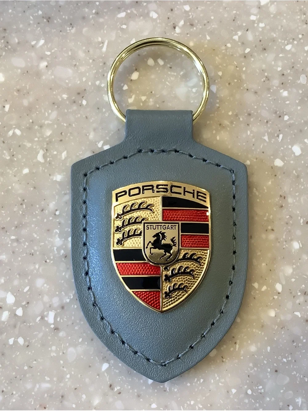 Porsche Design Green (looks blueish) Leather Shield Keyring with Crest Keychain